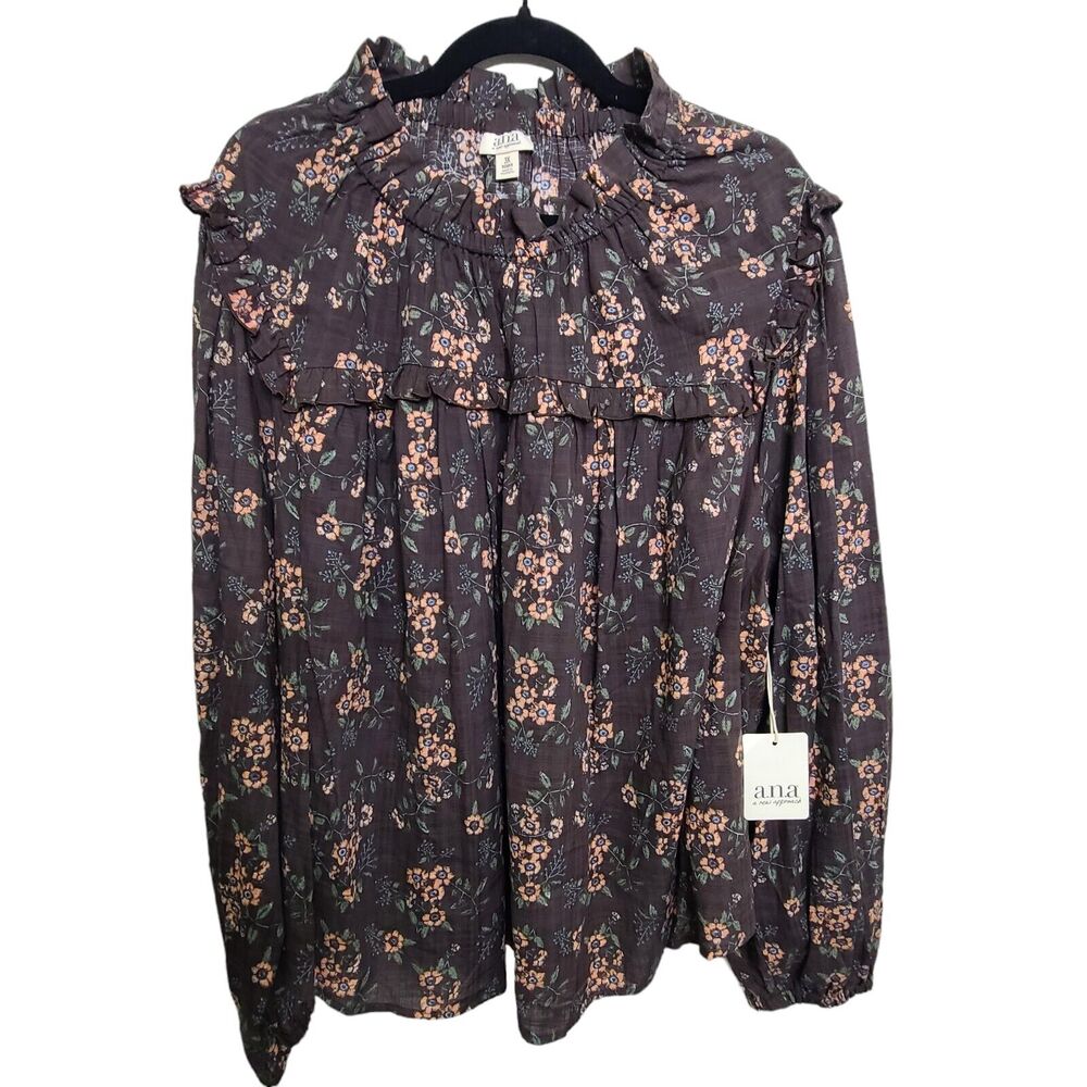A.N.A Womens Plus 3X Brown Floral‎ Peasant Blouse Long Sleeves Ruffle Collar NEW
